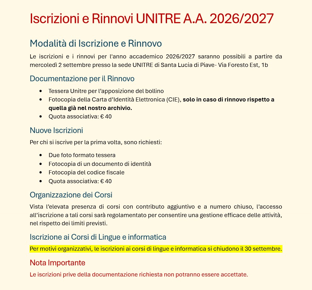 Al via dal 2 settembre le iscrizioni UNITRE